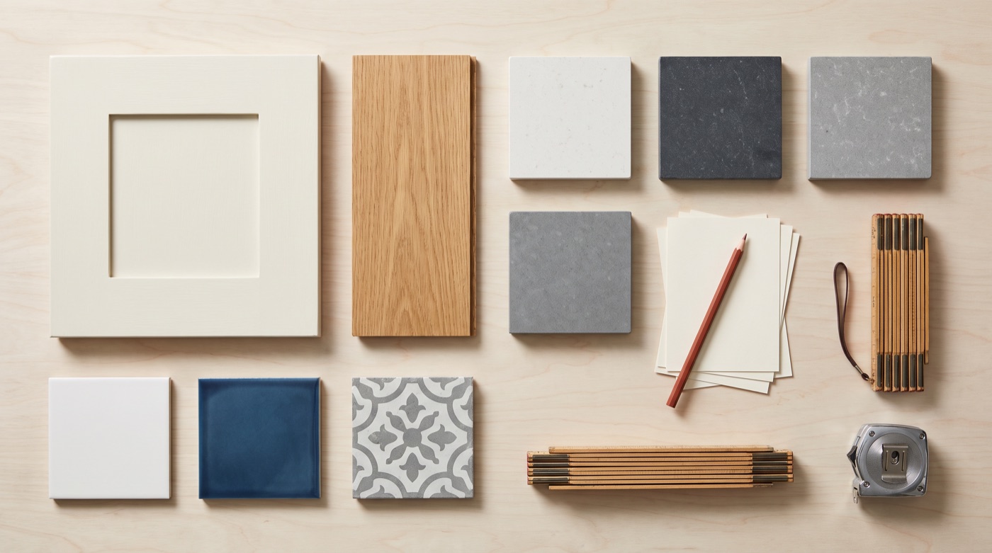 Illustration of a selection set laid out on a table: cabinet door samples, stone, tile, and a pencil
